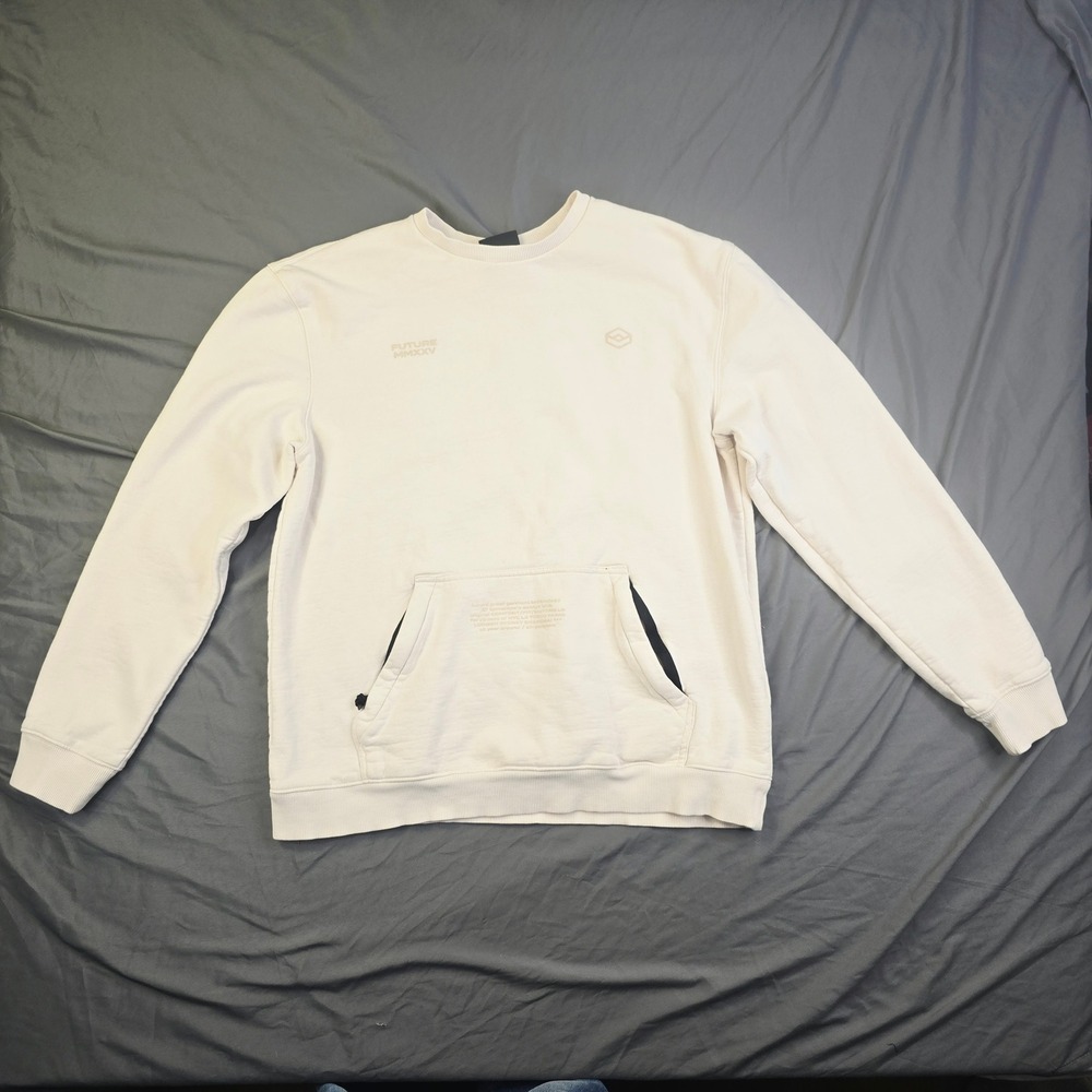 H&M Mens Future MMXXV Crewneck Sweatshirt Large Cream Graphic Pocket Pullover J4